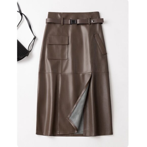 Luxury Lambskin Perforated Panel Skirt /Brown - Picture 2 of 7